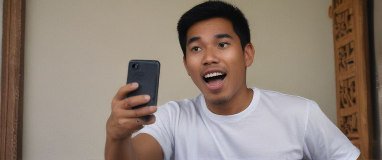 An indonesian man cheering while holding and looking at his smartphone.