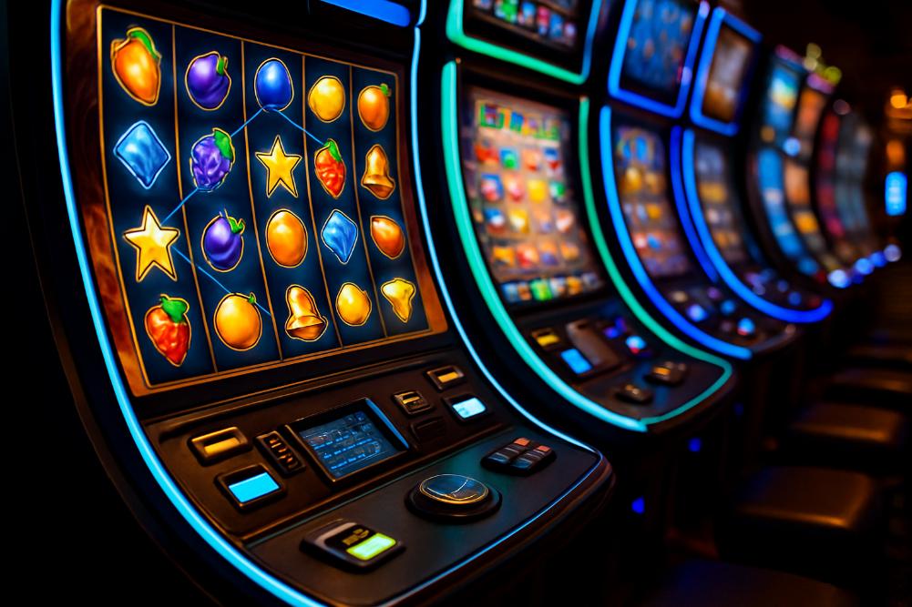 Modern slot machines glowing with LED lights inside a dimly lit casino.