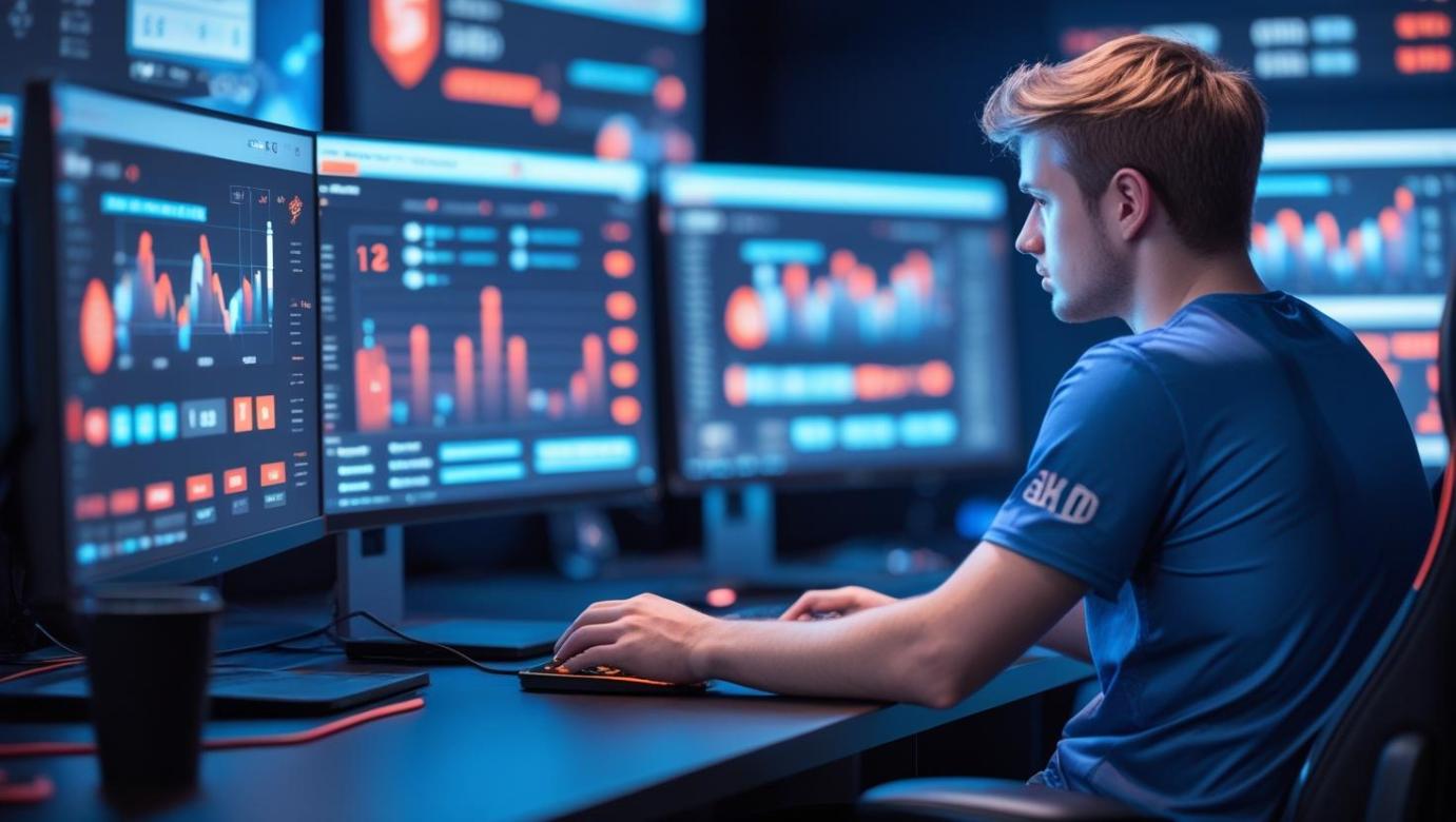 Person analyzing glowing betting dashboards with AI data in futuristic gaming room.