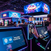 A close-up shot of a person's eye being scanned by a futuristic biometric device at a gaming terminal. 