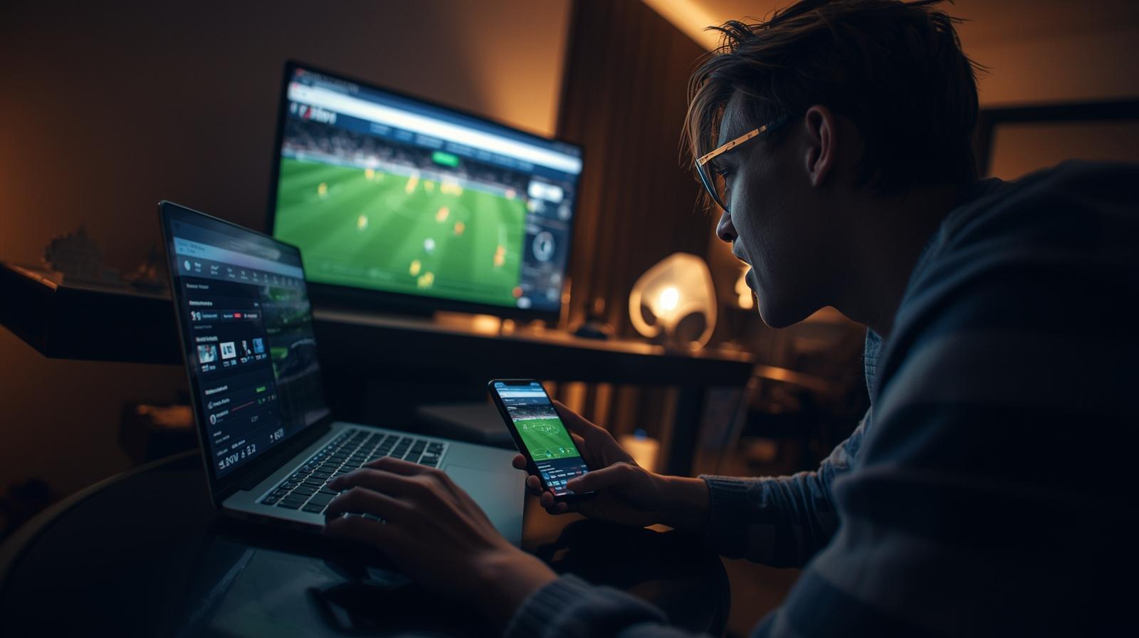 Sports bettor at desk with laptop, smartphone, and blurred live football match.
