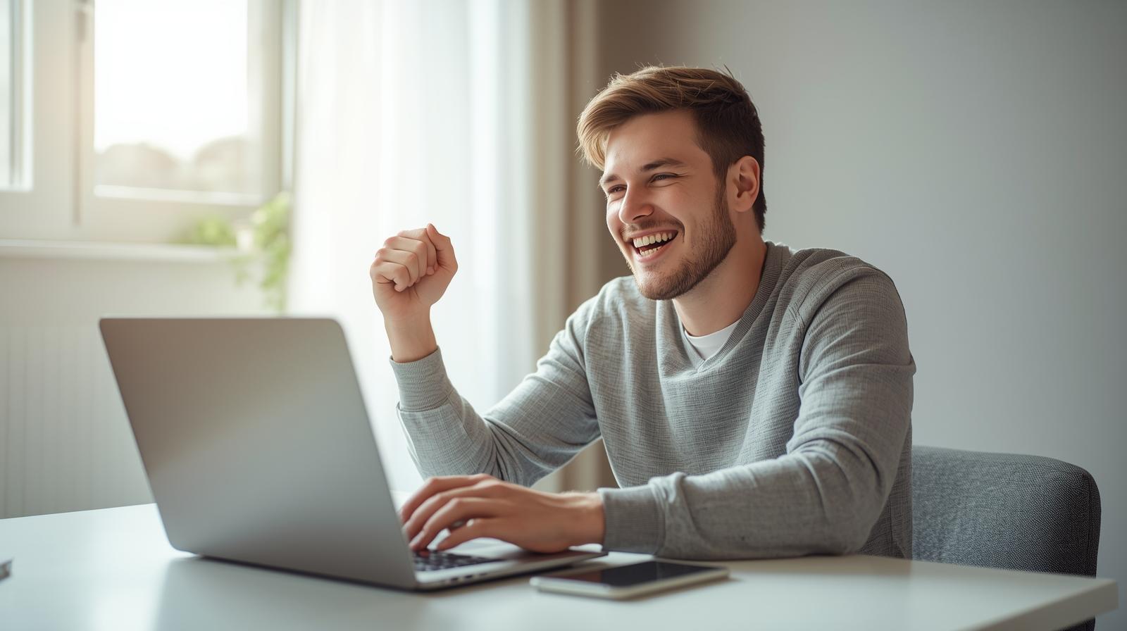 Smiling man using laptop in bright room celebrating successful blockchain baccarat win.