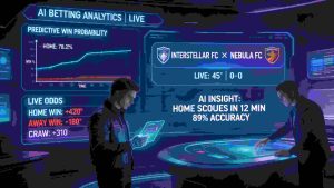 A futuristic online betting interface with AI analytics dashboards, predictive graphs, glowing digital odds, futuristic interface design, bettors using advanced technology, high-tech gambling environment
