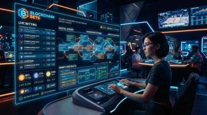 A futuristic betting platform with blockchain visualizations, glowing digital ledgers, cryptocurrency icons, smart contract graphics, secure and transparent online gambling environment
