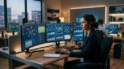 Sports technology analyst using multiple digital screens displaying abstract statistics, live match information, data graphs, and network connections